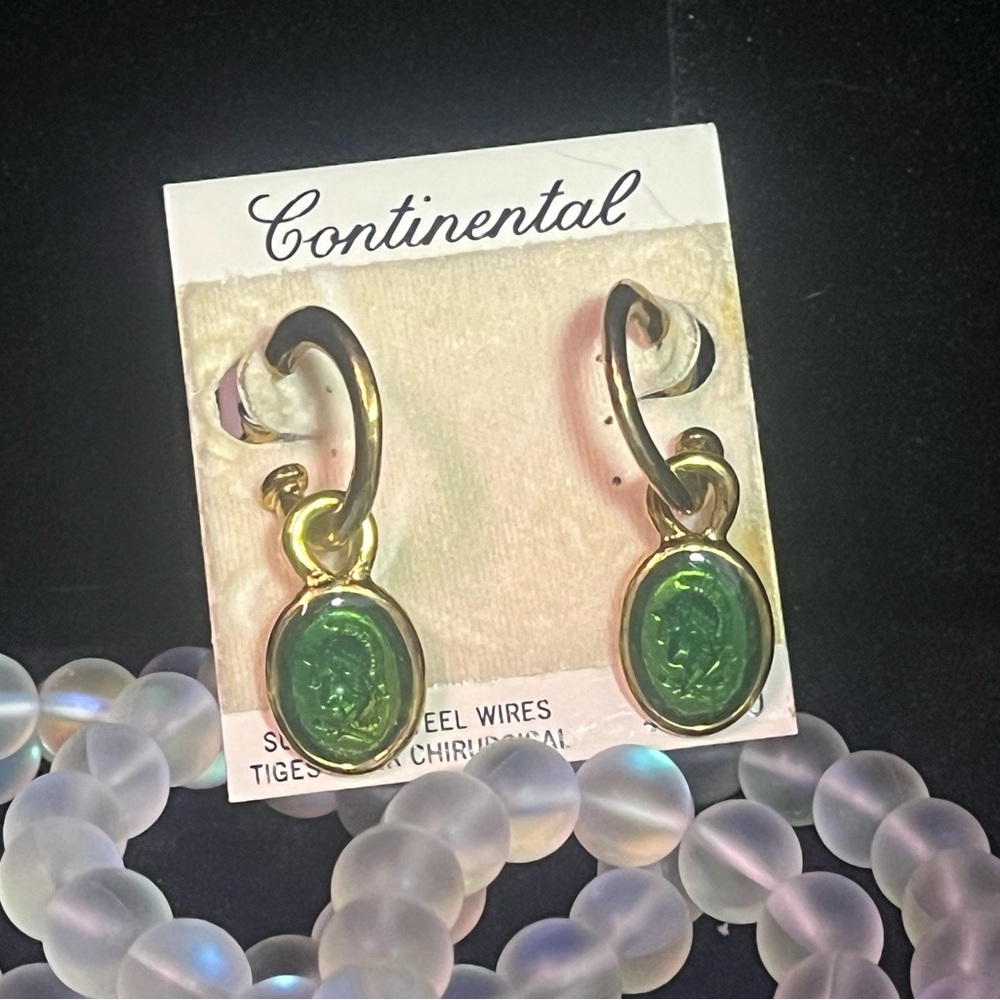 Vintage Continental Gold-Tone Surgical Steel Backed Green Cameo Drop Earrings